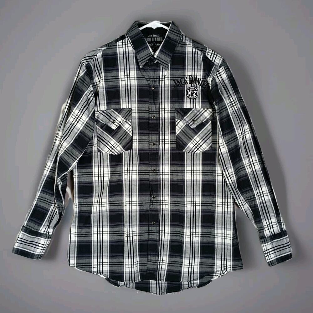 Jack Daniels Western Shirt Men Medium Black Plaid Pearl Snap Logo